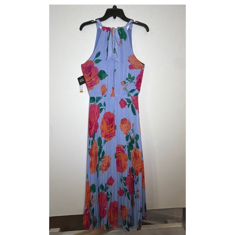 Sandra Darren Floral Halter Maxi Dress Blue Pink Pleated Sleeveless Womens S